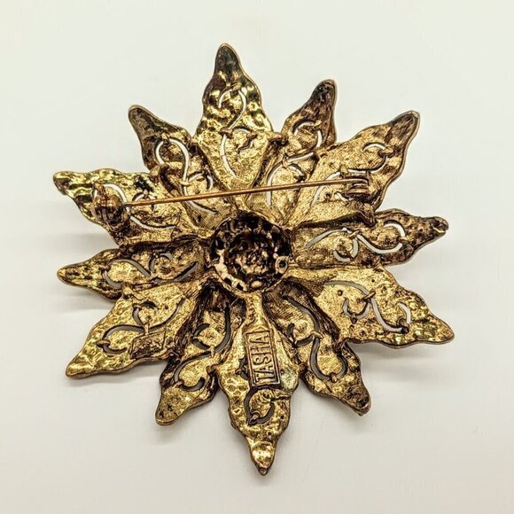 Vintage Tasha Golden Crystal Filigree Flower Pin Brooch - Picture 4 of 5